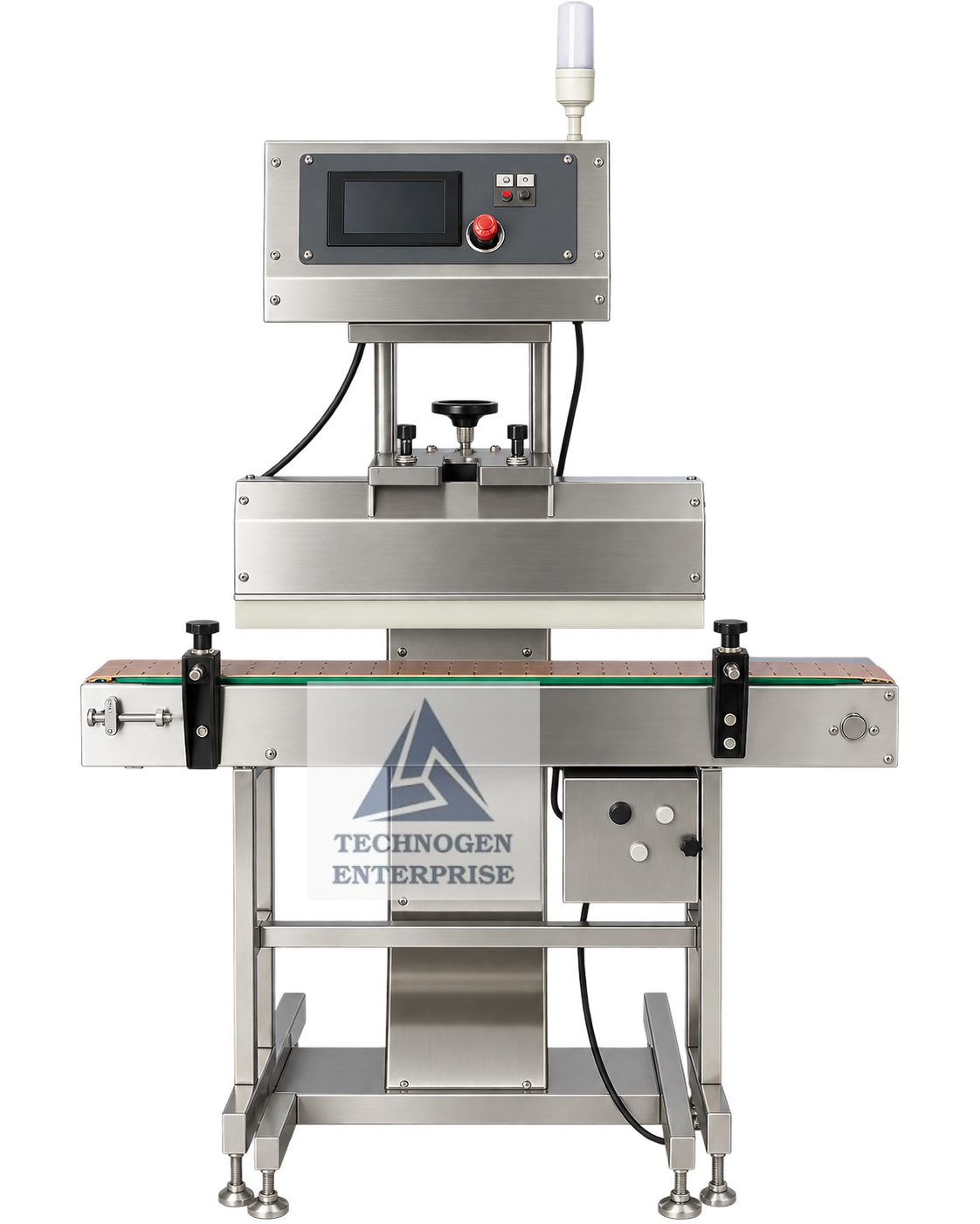 Induction Cap Sealing Machine Manufacturer in India Automatic Air Cooled Induction Cap Sealing Machine with Conveyor and Adjustable Electromagnetic Sealing Head