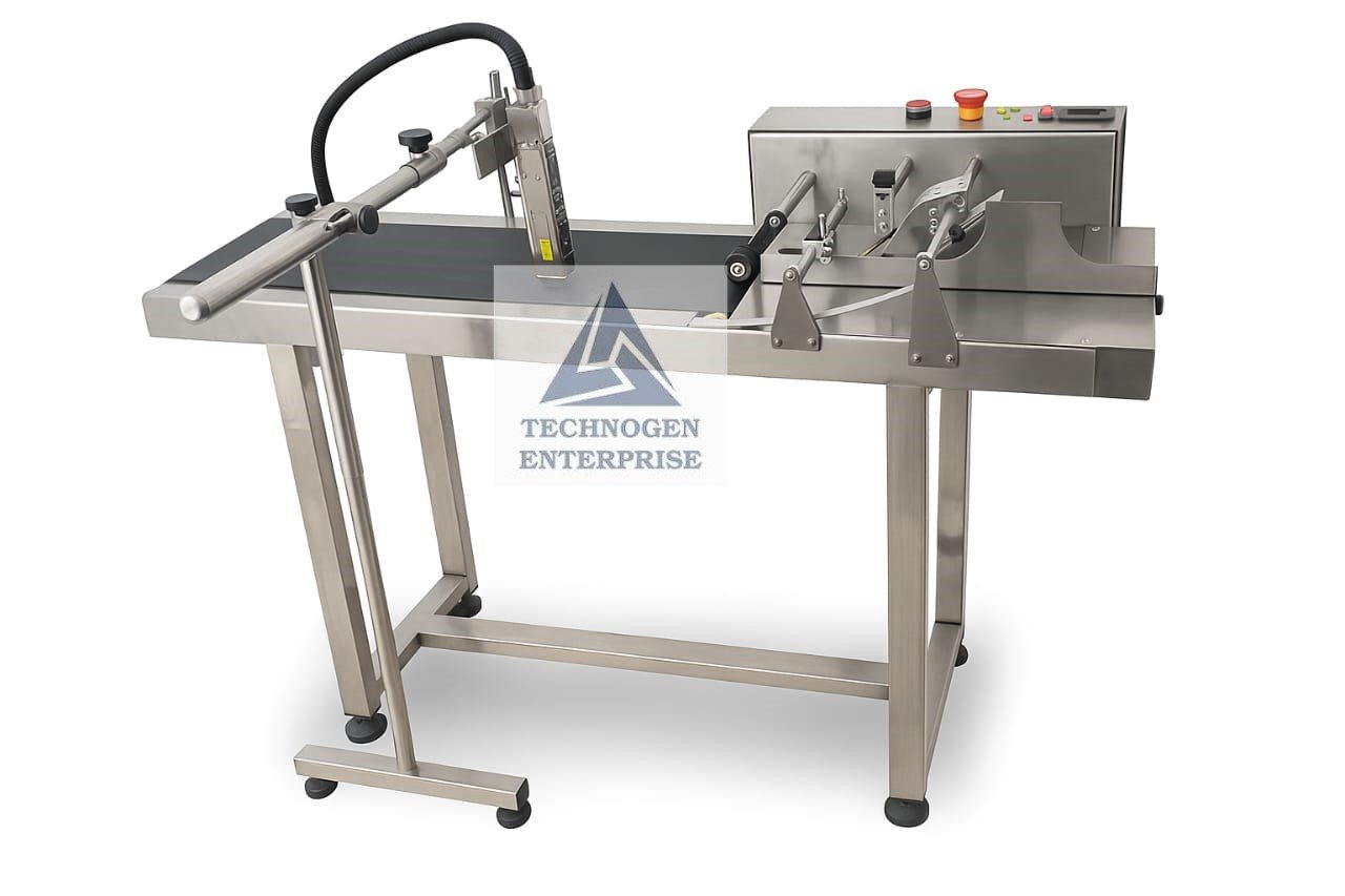 Carton Label Pouch Feeder with TIJ Printer Manufacturer India Automatic Carton Label Pouch Feeder with Thermal Inkjet Printer and Red Black Feeding Belts