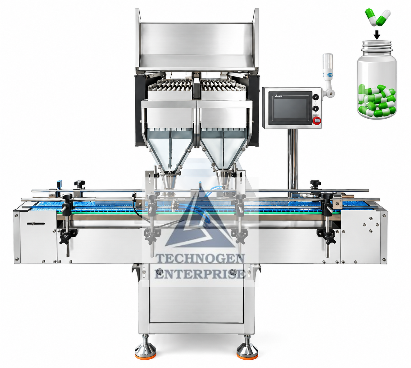 Automatic Tablet and Capsule Counting Filling Machine Manufacturer India Automatic Tablet Counting and Filling Machine with Vibratory Counting Channels and Bottle Conveyor