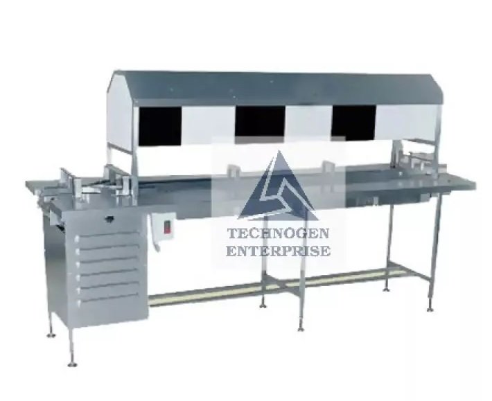 Manual Vial and Bottle Inspection Conveyor Manufacturer India Manual Vial and Bottle Inspection Conveyor with Black White Inspection Background and Operator Stations