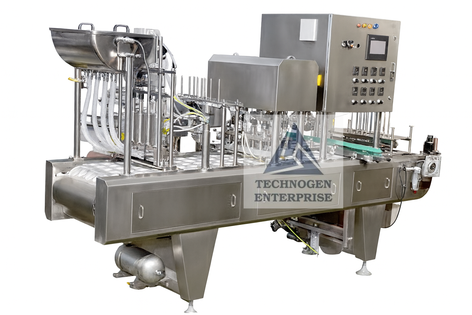Cup Filling & Sealing Machines | Technogen Enterprise Automatic linear cup filling sealing machine by Technogen Enterprise