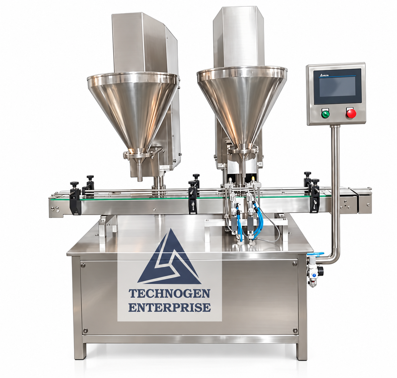 Automatic Double Head Auger Powder Filling Machine Manufacturer India Automatic Double Head Auger Powder Filling Machine with Dual Servo Filling Hoppers and Conveyor